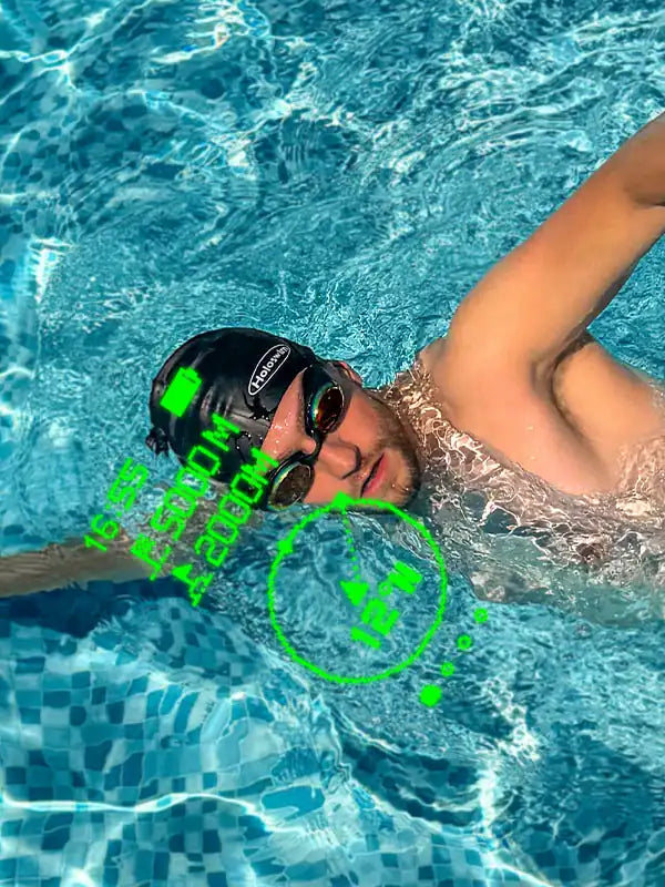 Swimmer training with HoloSwim smart swim goggles