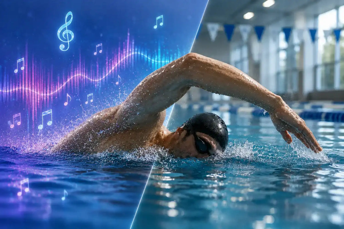 Freestyle swimmer listening to music during an indoor pool workout