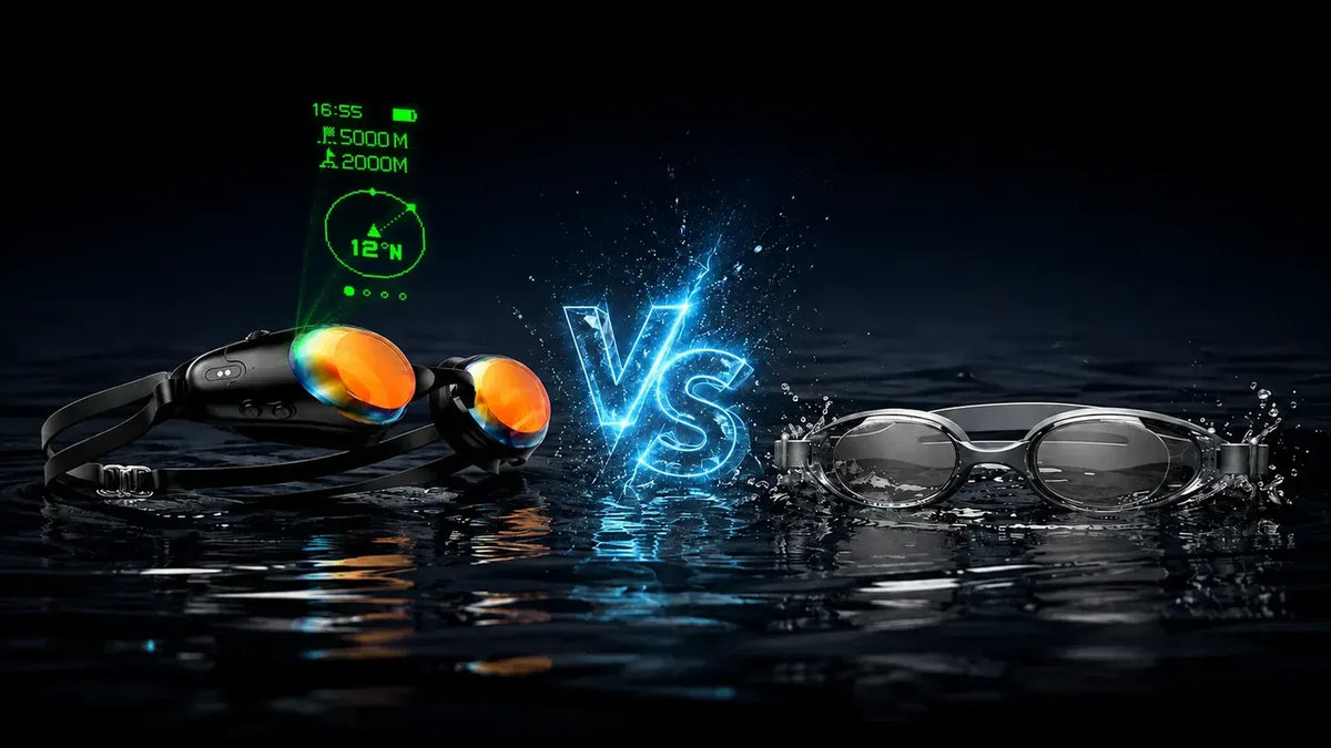 HoloSwim 3 Pro smart goggles compared with traditional triathlon goggles on dark water