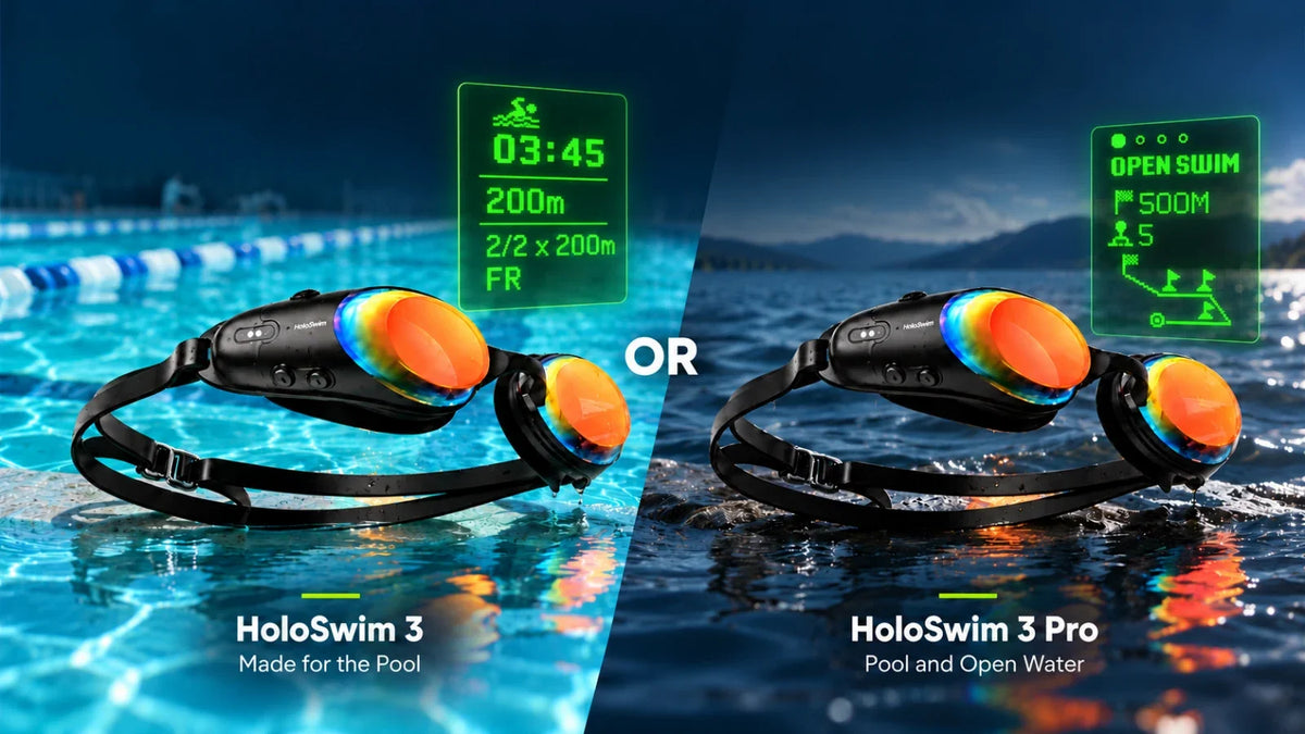 HoloSwim 3 and HoloSwim 3 Pro smart swim goggles compared, showing a custom pool training display on the left and GPS route navigation on the right