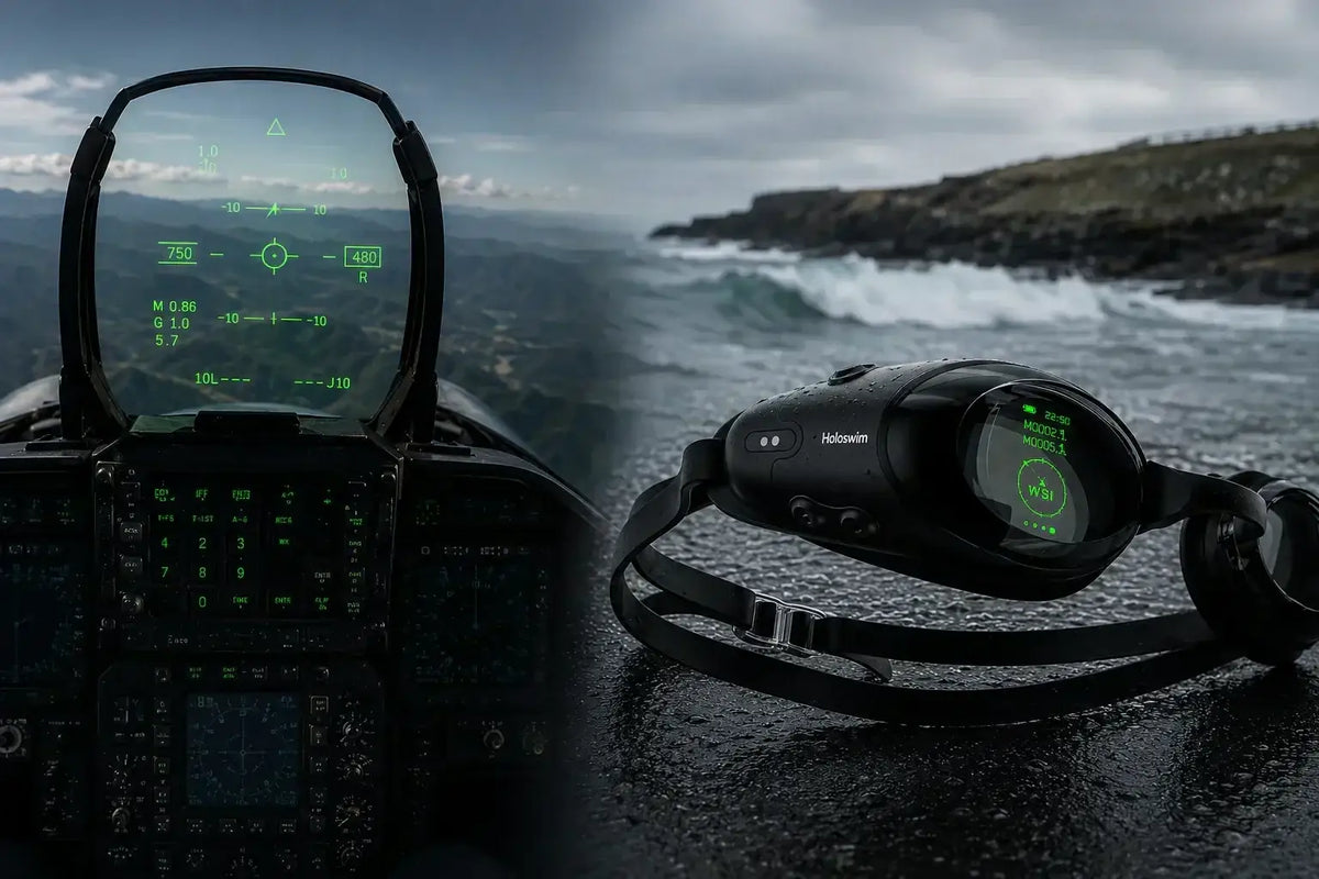 Holosport Holoswim smart goggles with water droplets, beside a fighter jet cockpit HUD