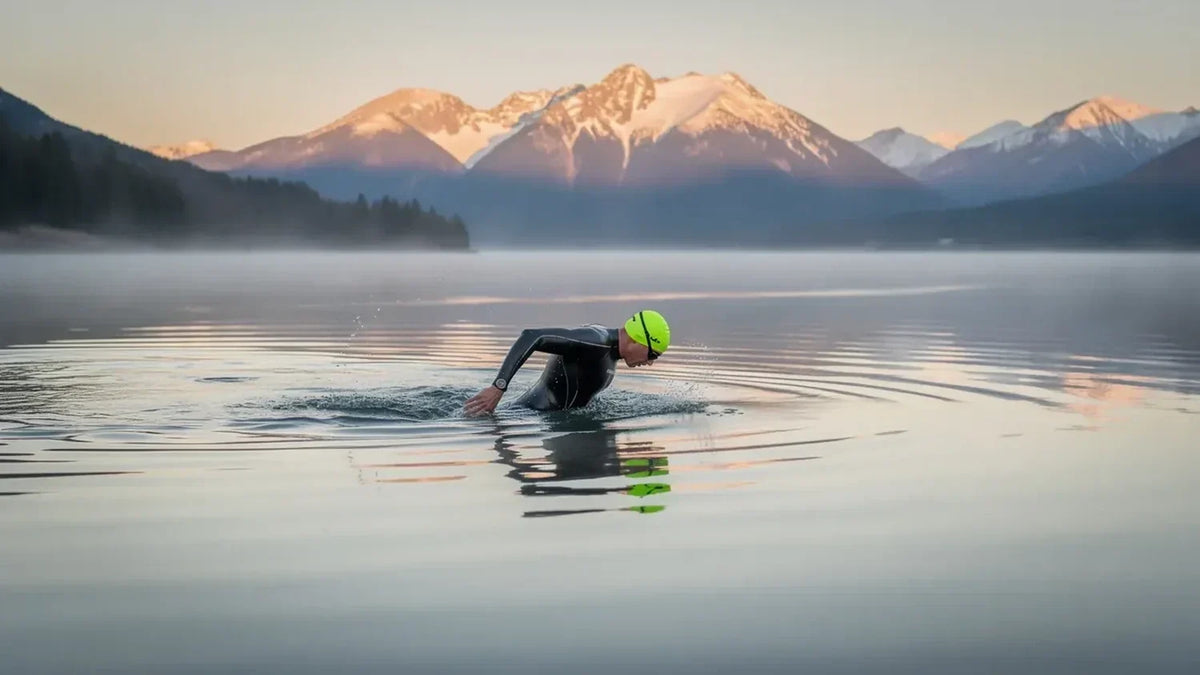 Open-water swimmer in a wetsuit and bright cap crossing a calm mountain lake