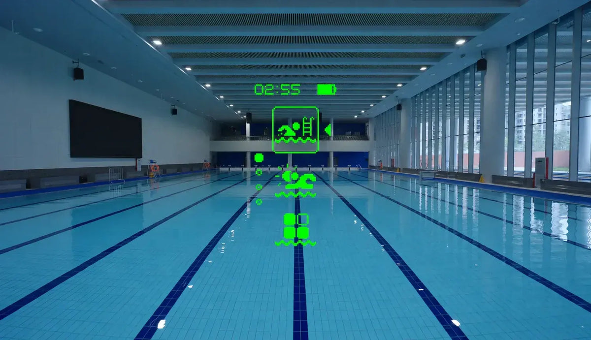 Real-time swim metrics displayed through smart goggles in an indoor pool