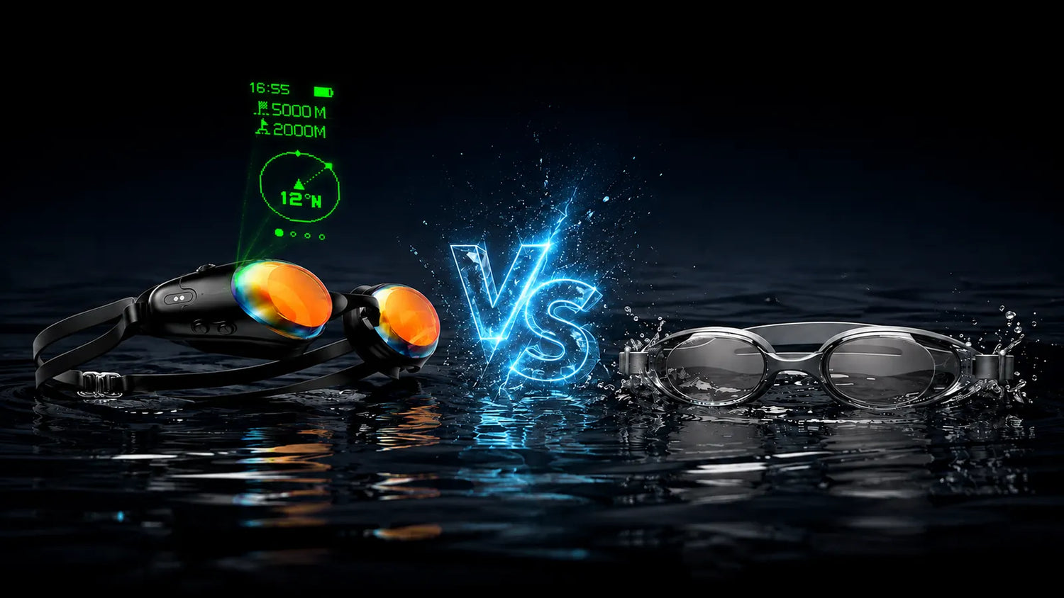 HoloSwim 3 Pro smart goggles compared with traditional triathlon goggles on dark water