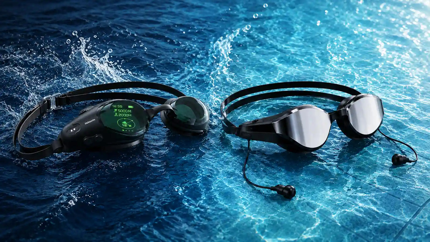 HoloSwim 3 Pro AR display goggles and SollaWave audio goggles on water