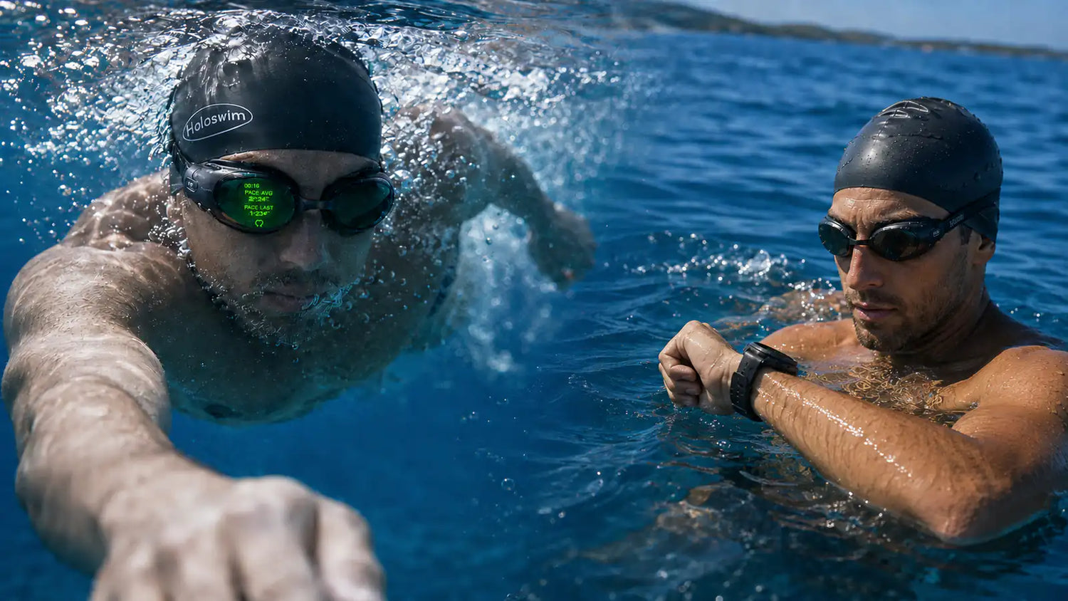 Smart swim goggles with in-lens pace data compared with a swimming watch