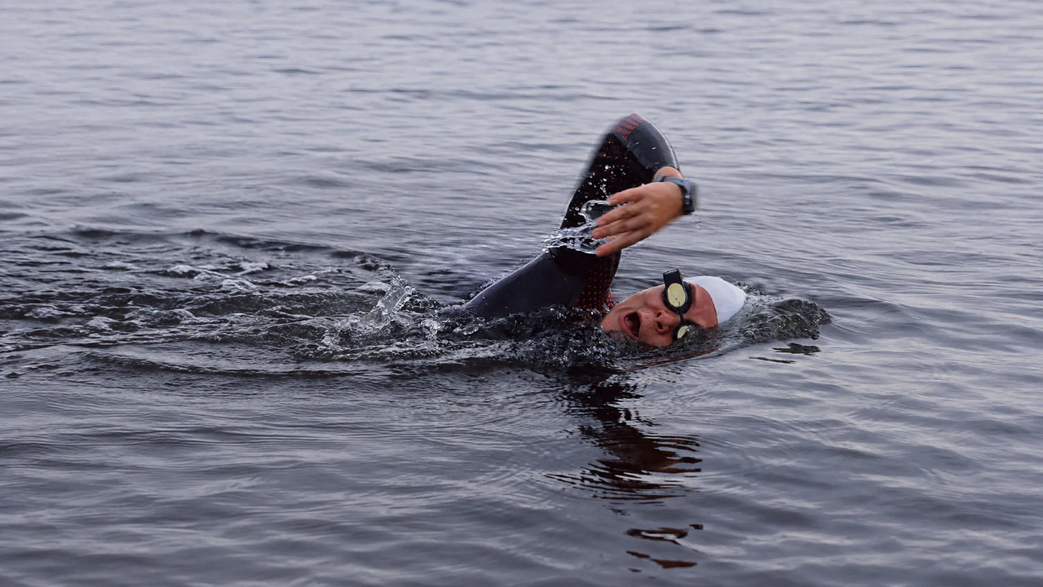 Triathlete completing an open-water freestyle training session