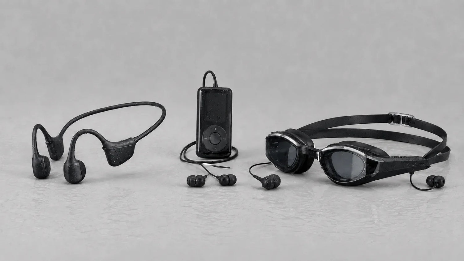 Bone-conduction headphones, clip-on MP3 player, and integrated music goggles