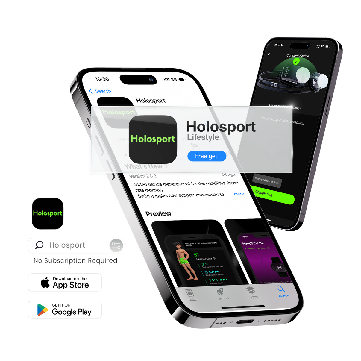 A promotional image shows Holoswim 2s Smart Swim Goggles with the Holosport app on iPhones, app logo, screenshots, and download links for the App Store and Google Play. “No Subscription Required” is featured.