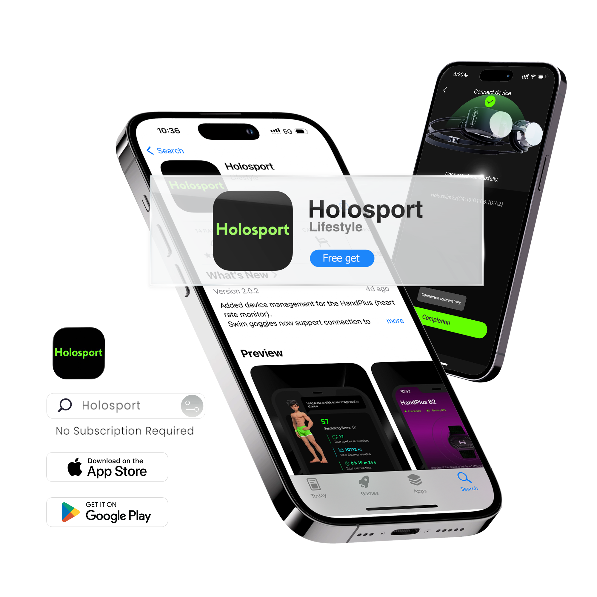 A promotional image shows Holoswim 2s Smart Swim Goggles with the Holosport app on iPhones, app logo, screenshots, and download links for the App Store and Google Play. “No Subscription Required” is featured.
