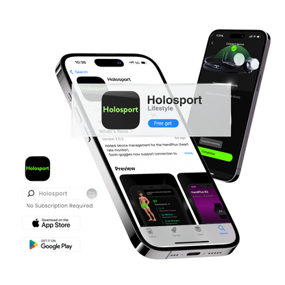 A promotional image shows Holoswim 2s Smart Swim Goggles with the Holosport app on iPhones, app logo, screenshots, and download links for the App Store and Google Play. “No Subscription Required” is featured.