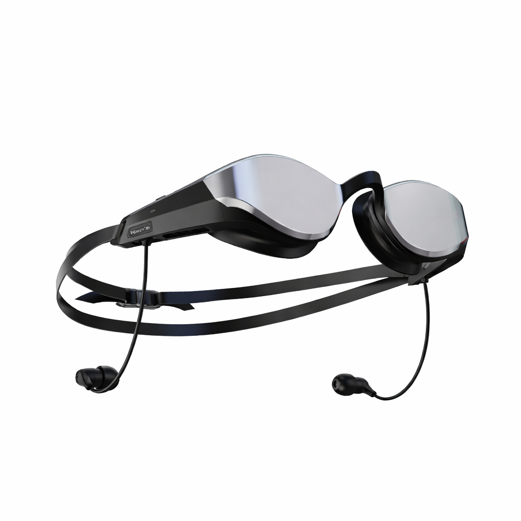 The SollaWave Smart Swim Goggles are sleek black goggles with tinted lenses, an adjustable head strap, and built-in earbuds on thin wires, displayed on a white background.