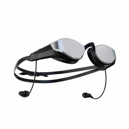 The SollaWave Smart Swim Goggles are sleek black goggles with tinted lenses, an adjustable head strap, and built-in earbuds on thin wires, displayed on a white background.
