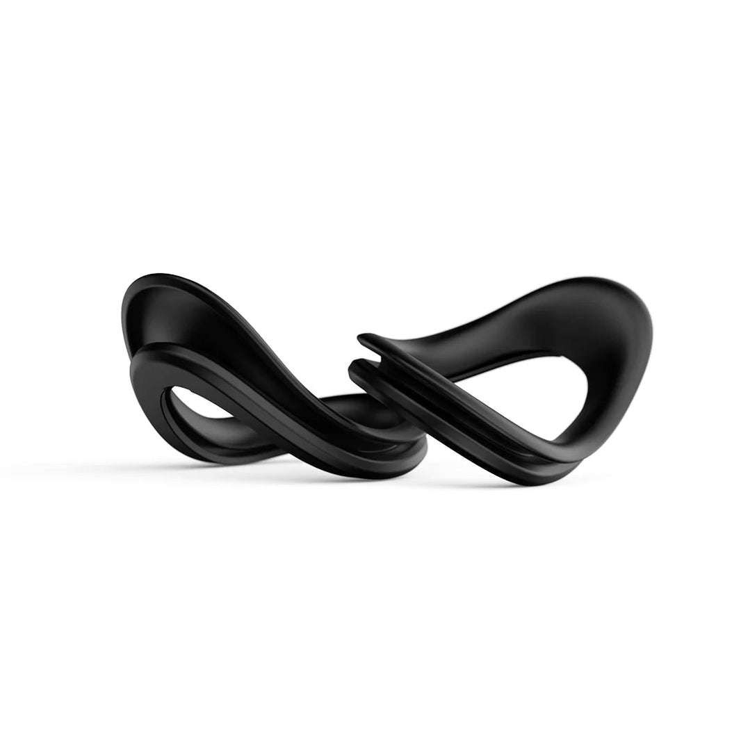 A smooth, black Holoswim Eye Seals sculpture, abstractly shaped like an endless loop or twisted infinity symbol, set against a plain white background.