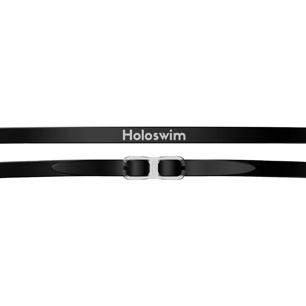 A close-up of the Holoswim Head Strap shows black swimming goggle straps with a clear plastic buckle in the center and the Holoswim brand name in white on the top strap.
