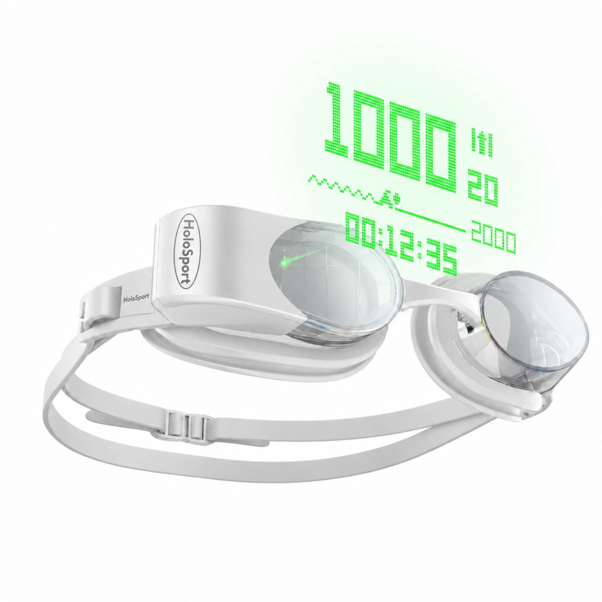 White HoloSwim 2 Pro smart goggles with a green AR display showing swim distance, lap count and time