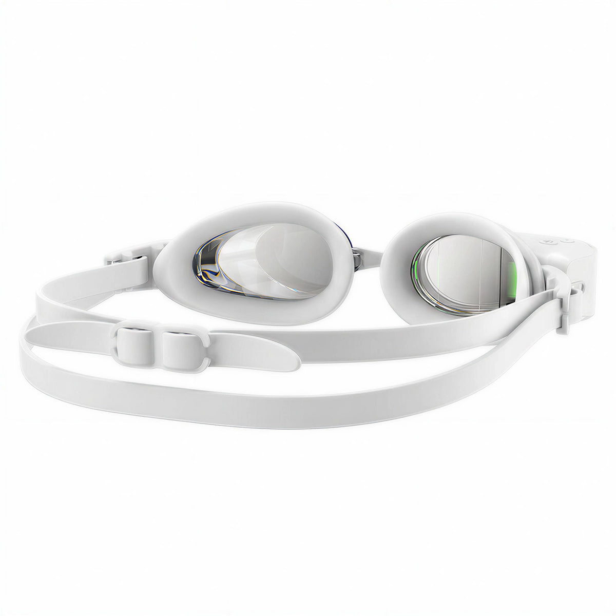 Inside view of white HoloSwim 2 Pro smart goggles with cushioned eye seals and adjustable straps
