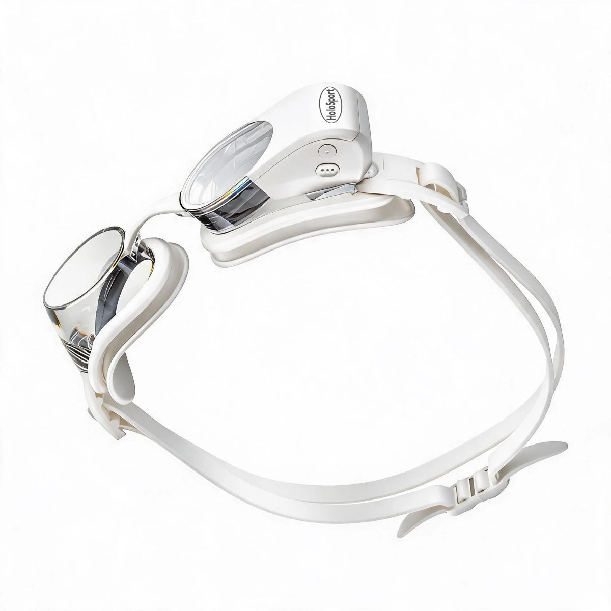 Rear three-quarter view of white HoloSwim 2 Pro smart goggles showing the lenses and dual straps