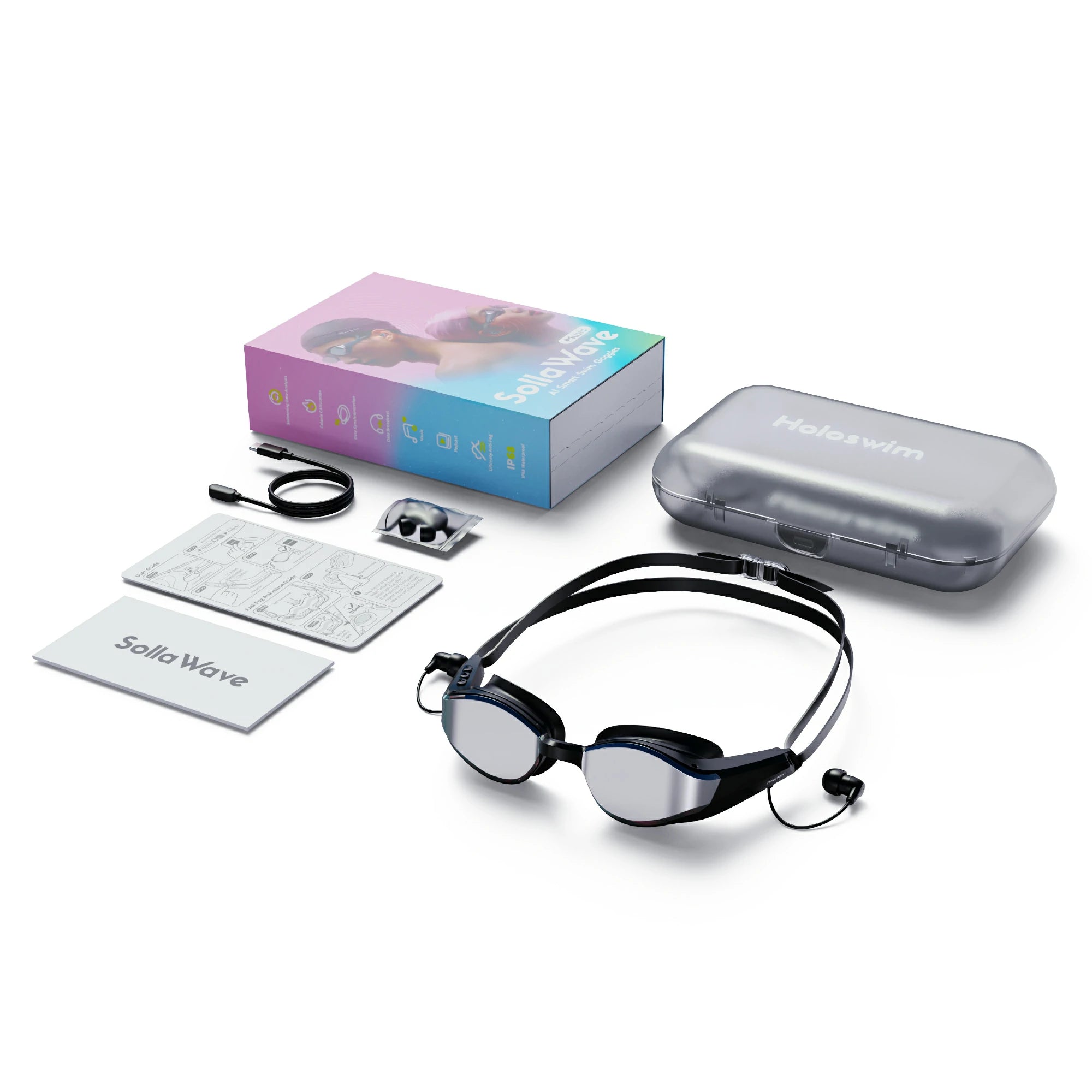 Complete SollaWave smart swim goggles with music set including case accessories and charging cable