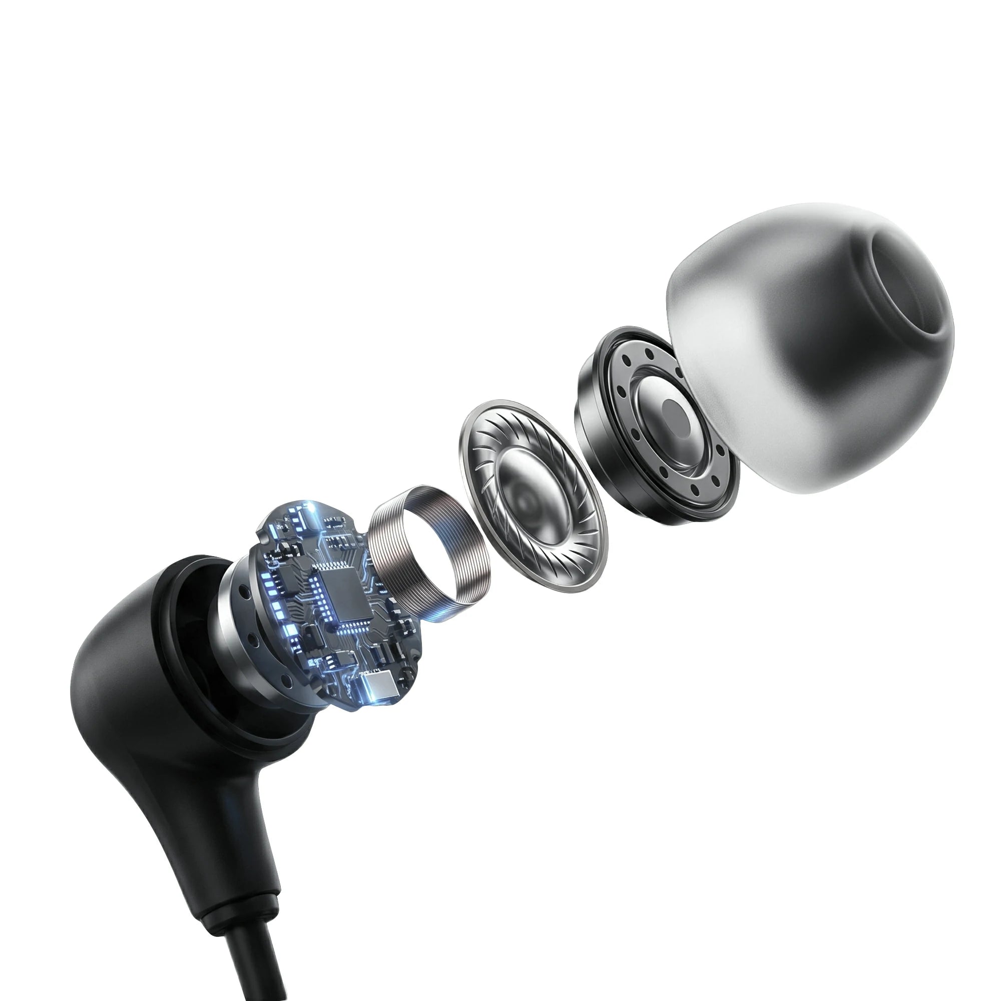 Exploded view of waterproof earbud technology in SollaWave smart swim goggles with music