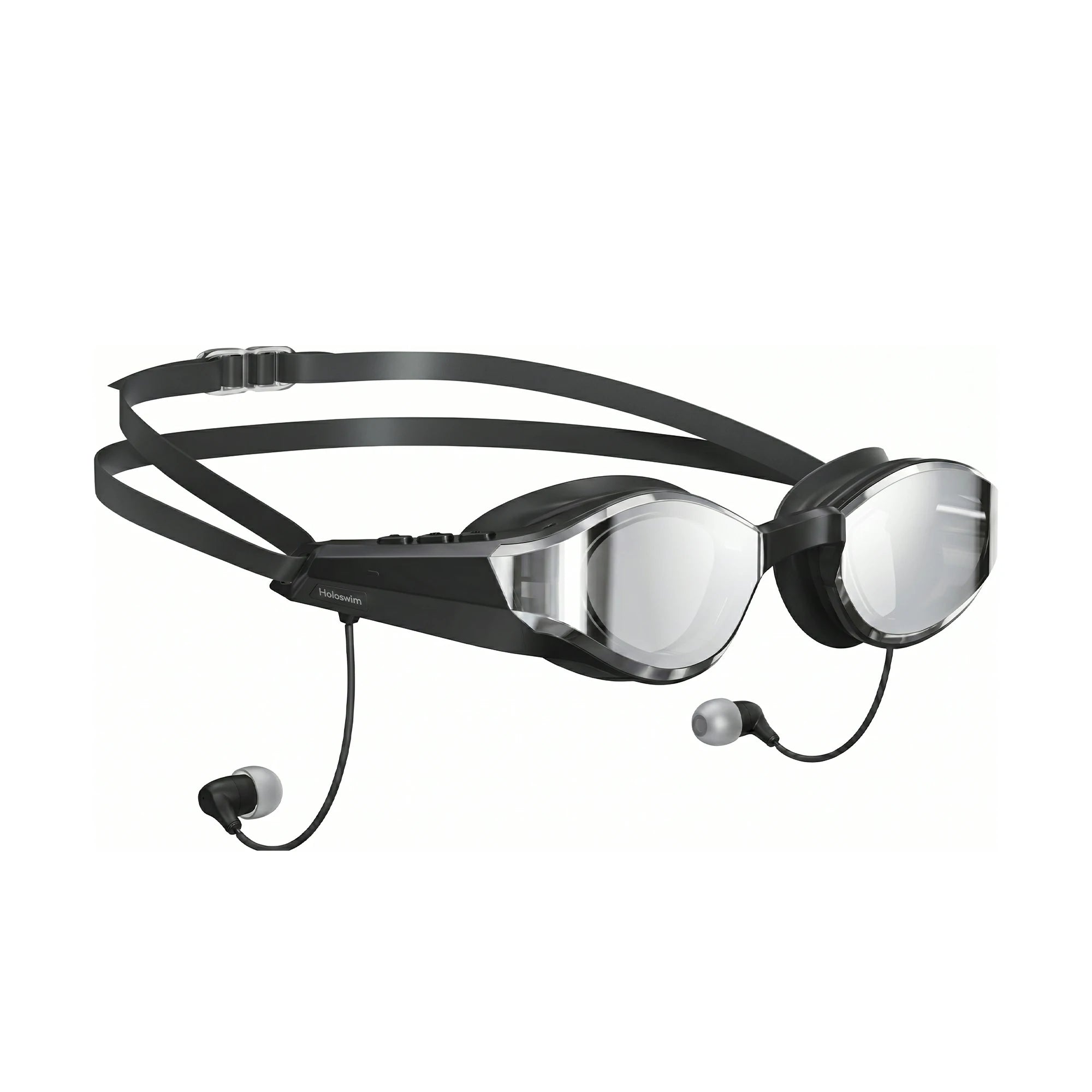 SollaWave smart swim goggles with music displayed from left perspective with integrated earbuds