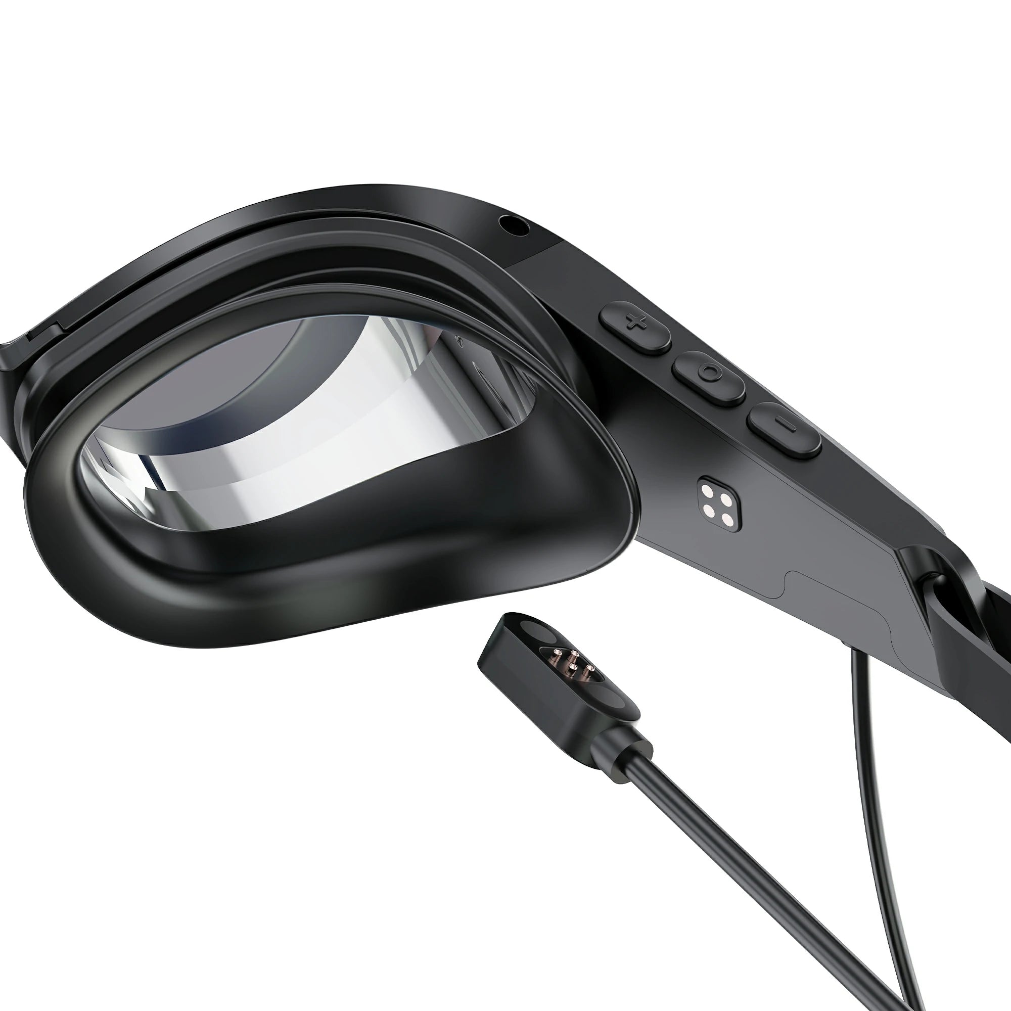 Magnetic charging system of SollaWave smart swim goggles with music in detailed close-up
