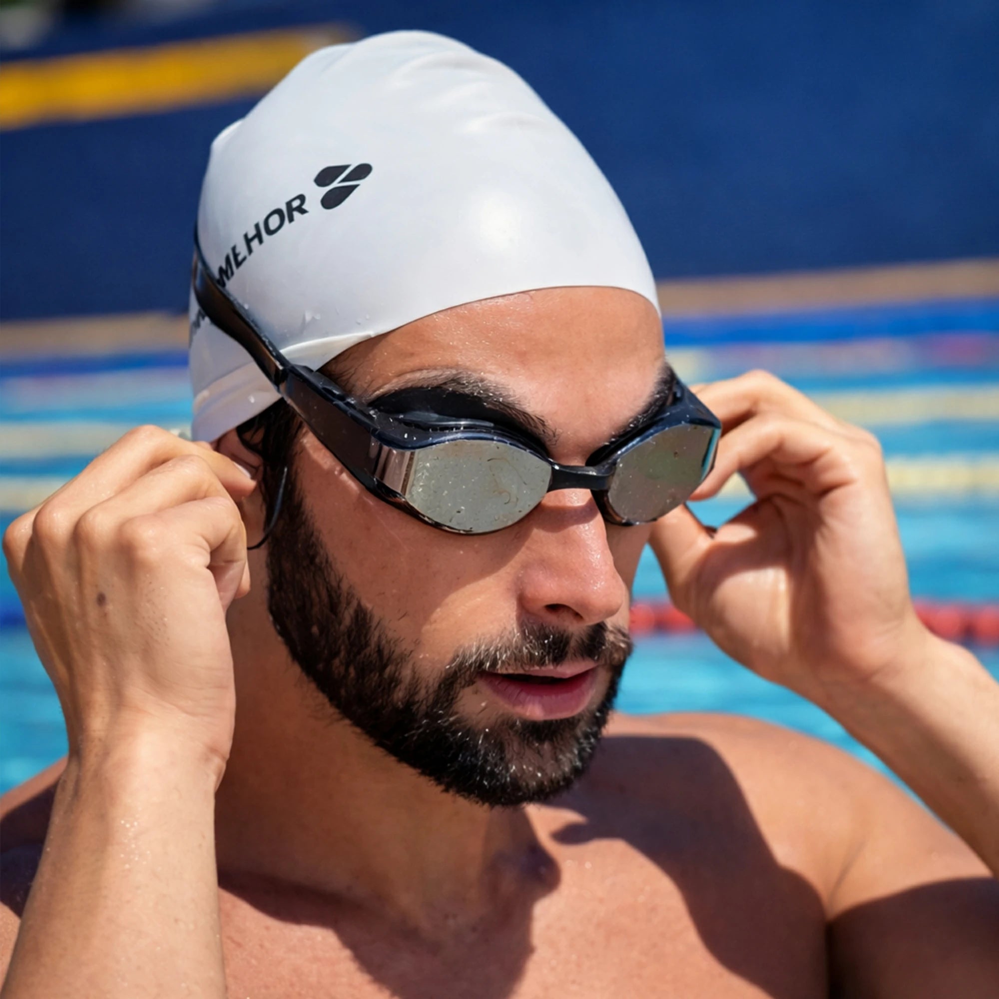 Male athlete adjusting SollaWave smart swim goggles with music before swim workout