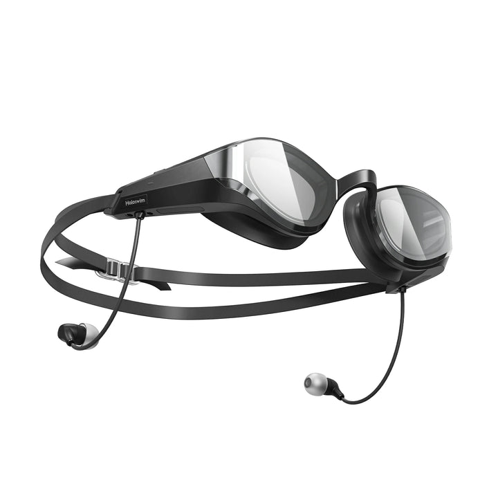 SollaWave smart swim goggles with in-ear headphones on a white background